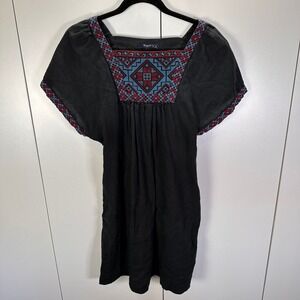 Madewell Womens Med Embroidered Black Linen Dress‎ Bohemian Short Sleeve Pockets